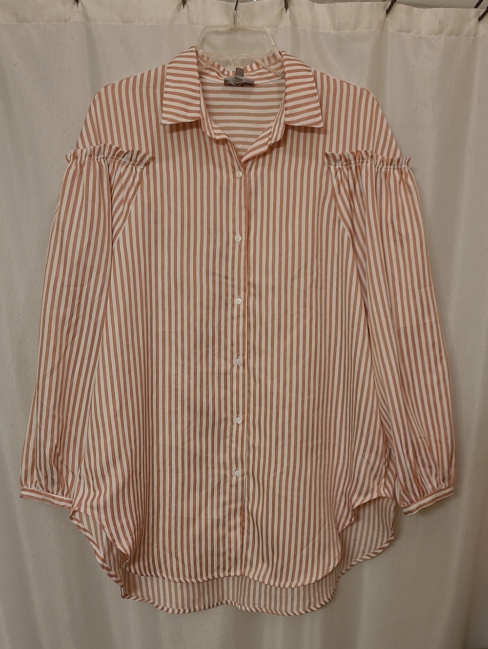 Striped Button-Front Women's Blouse in Light Brown and White